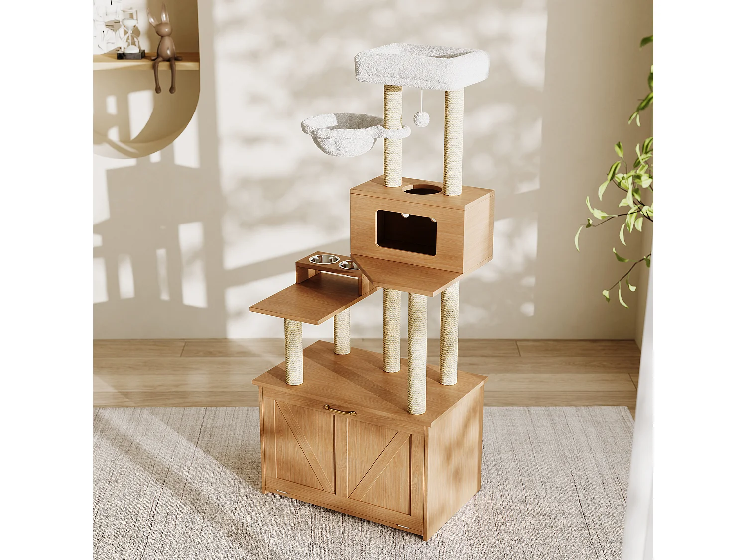 Arbre à chat 80x50x173 cm - avec griffoir et niche pour chat - avec 2 gamelles - bac à litière - 1 hamac - naturel