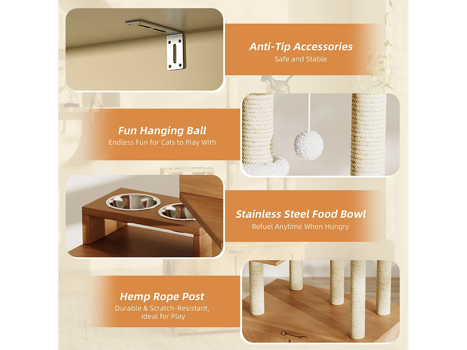 Arbre à chat 80x50x173 cm - avec griffoir et niche pour chat - avec 2 gamelles - bac à litière - 1 hamac - naturel