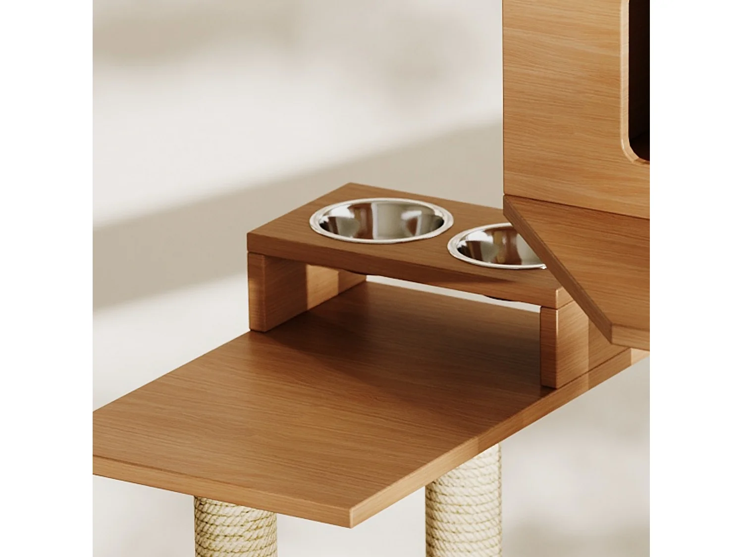 Arbre à chat 80x50x173 cm - avec griffoir et niche pour chat - avec 2 gamelles - bac à litière - 1 hamac - naturel