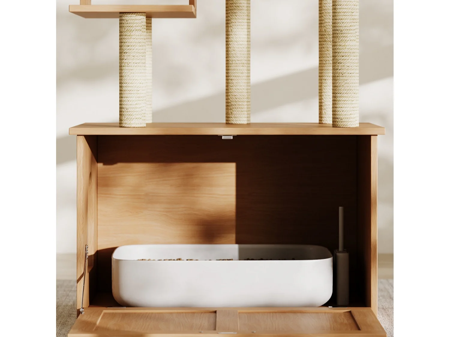 Arbre à chat 80x50x173 cm - avec griffoir et niche pour chat - avec 2 gamelles - bac à litière - 1 hamac - naturel