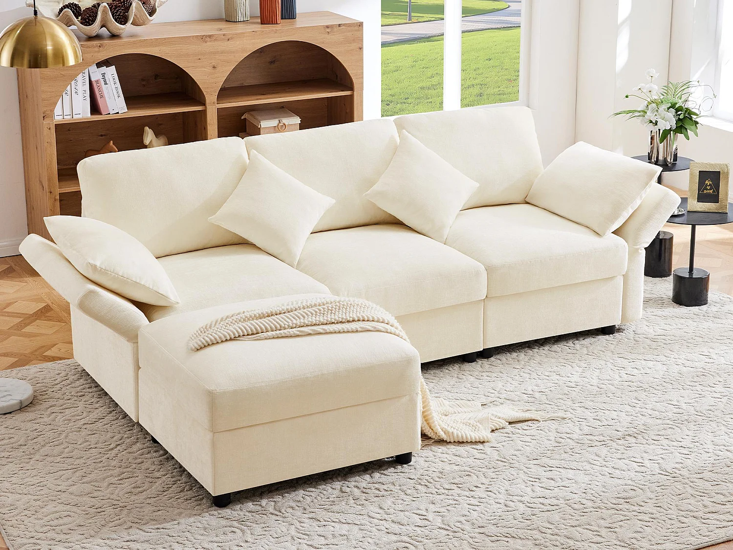 Canapé d'angle en L - 3 places - avec repose-pieds - 4 coussins - accoudoirs réglables - Beige