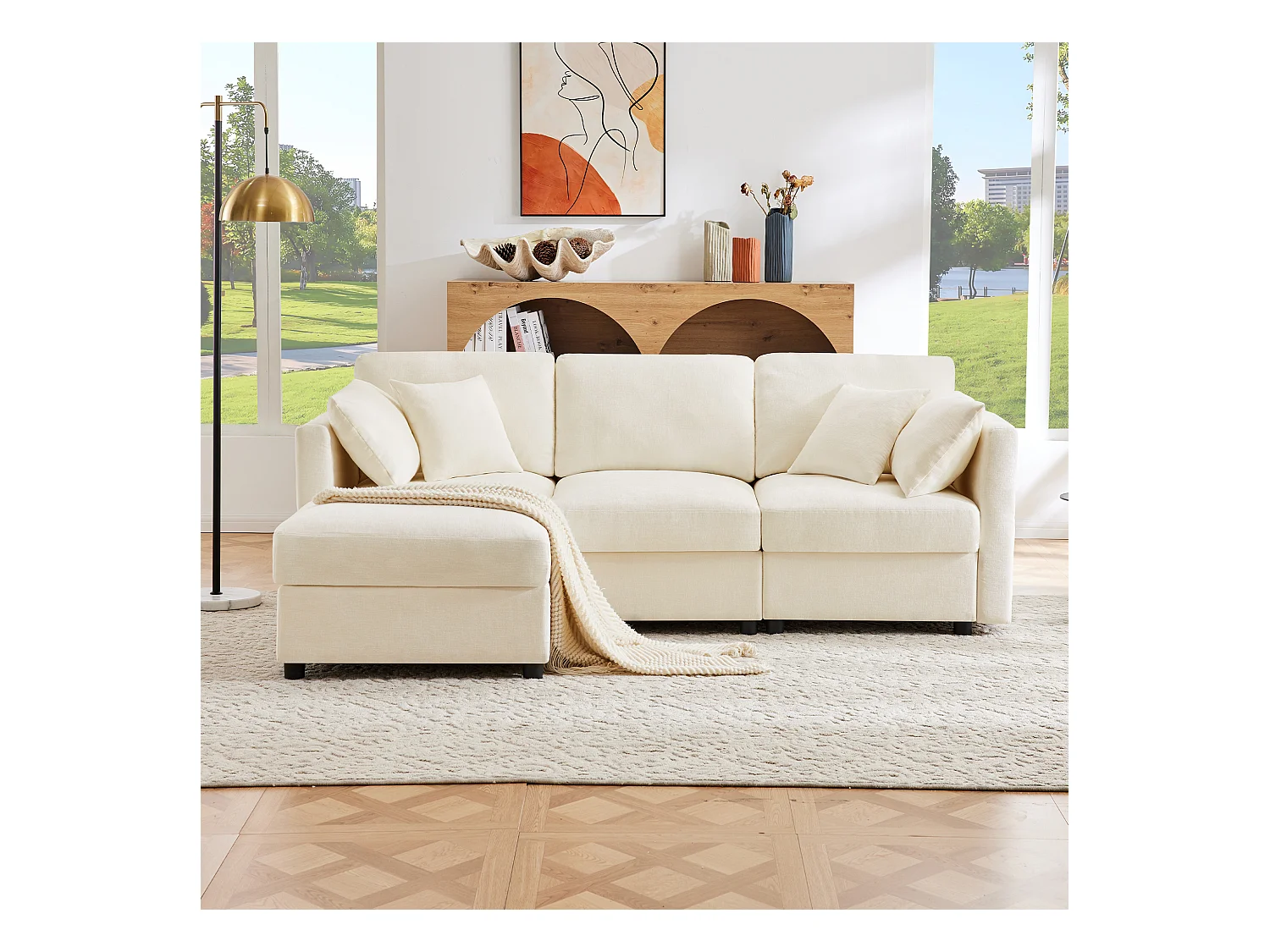 Canapé d'angle en L - 3 places - avec repose-pieds - 4 coussins - accoudoirs réglables - Beige