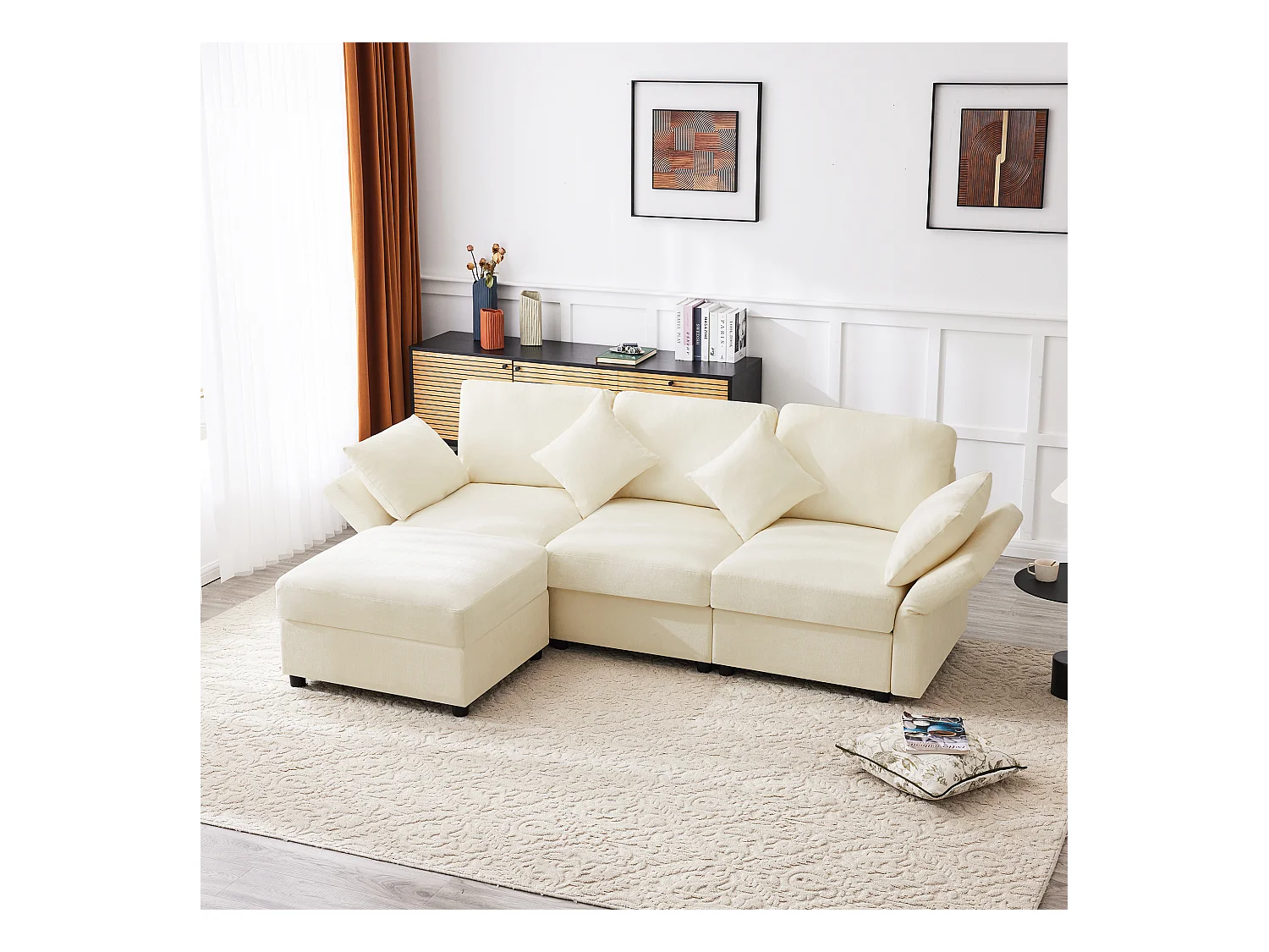 Canapé d'angle en L - 3 places - avec repose-pieds - 4 coussins - accoudoirs réglables - Beige