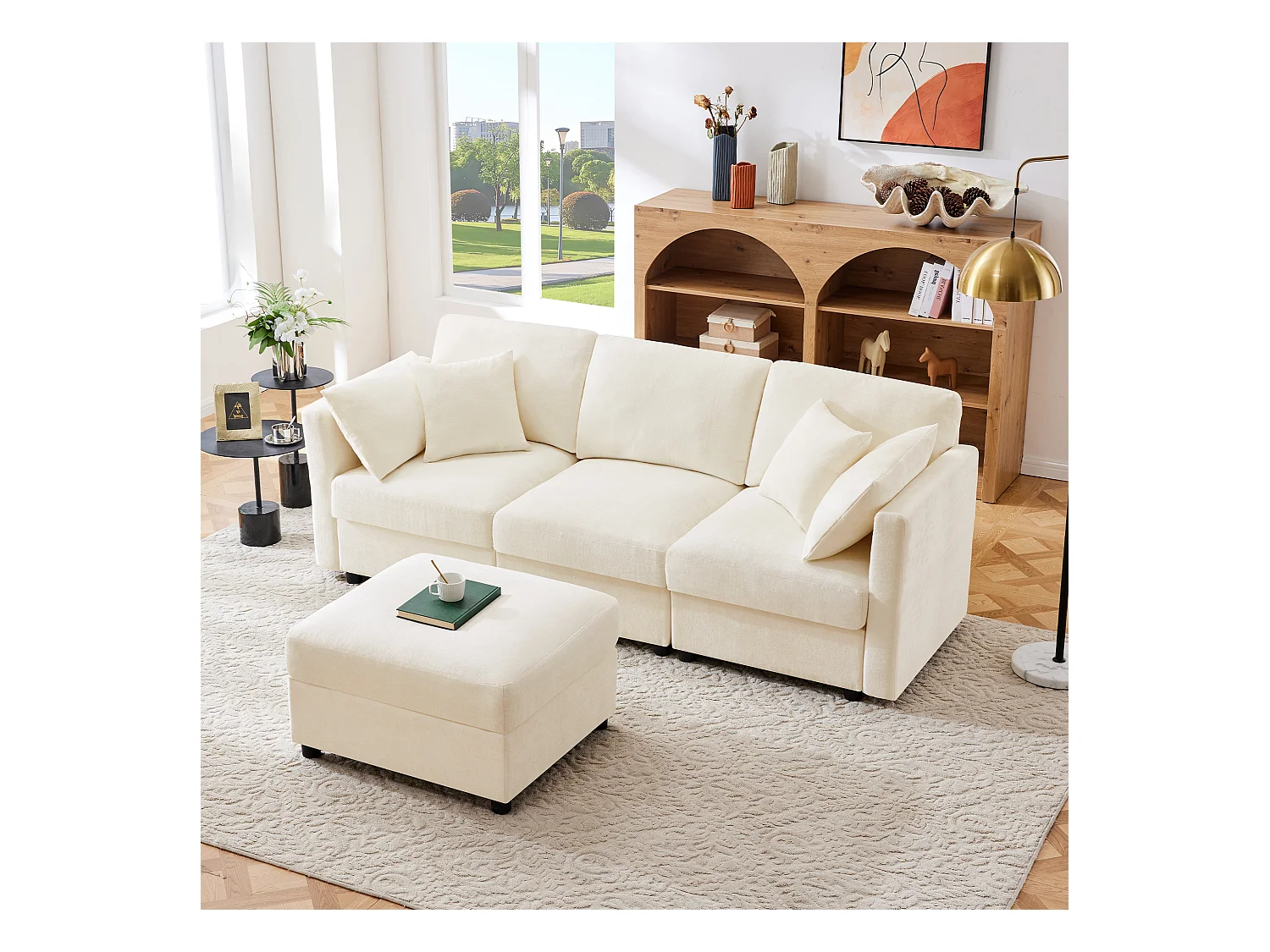 Canapé d'angle en L - 3 places - avec repose-pieds - 4 coussins - accoudoirs réglables - Beige