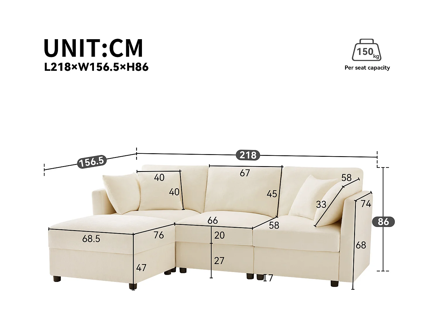 Canapé d'angle en L - 3 places - avec repose-pieds - 4 coussins - accoudoirs réglables - Beige