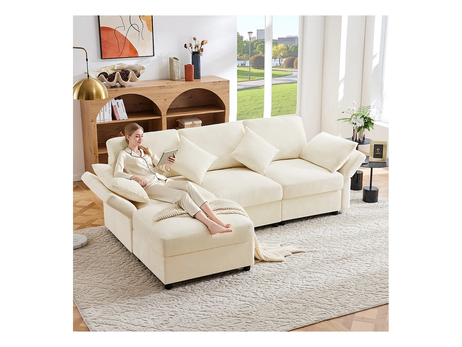 Canapé d'angle en L - 3 places - avec repose-pieds - 4 coussins - accoudoirs réglables - Beige
