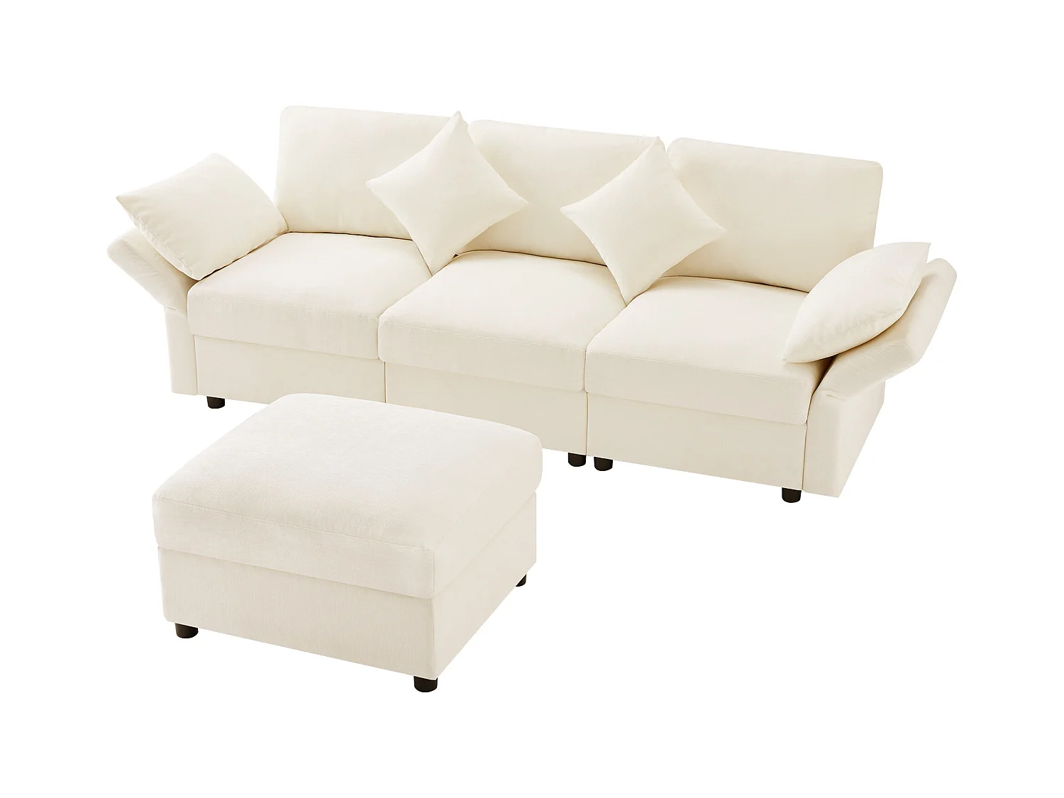 Canapé d'angle en L - 3 places - avec repose-pieds - 4 coussins - accoudoirs réglables - Beige