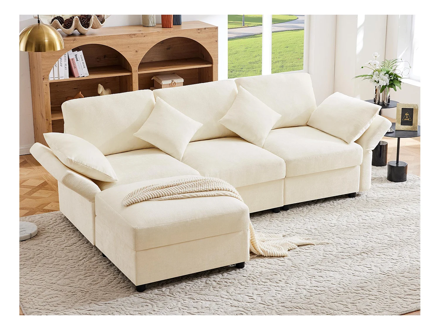 Canapé d'angle en L - 3 places - avec repose-pieds - 4 coussins - accoudoirs réglables - Beige