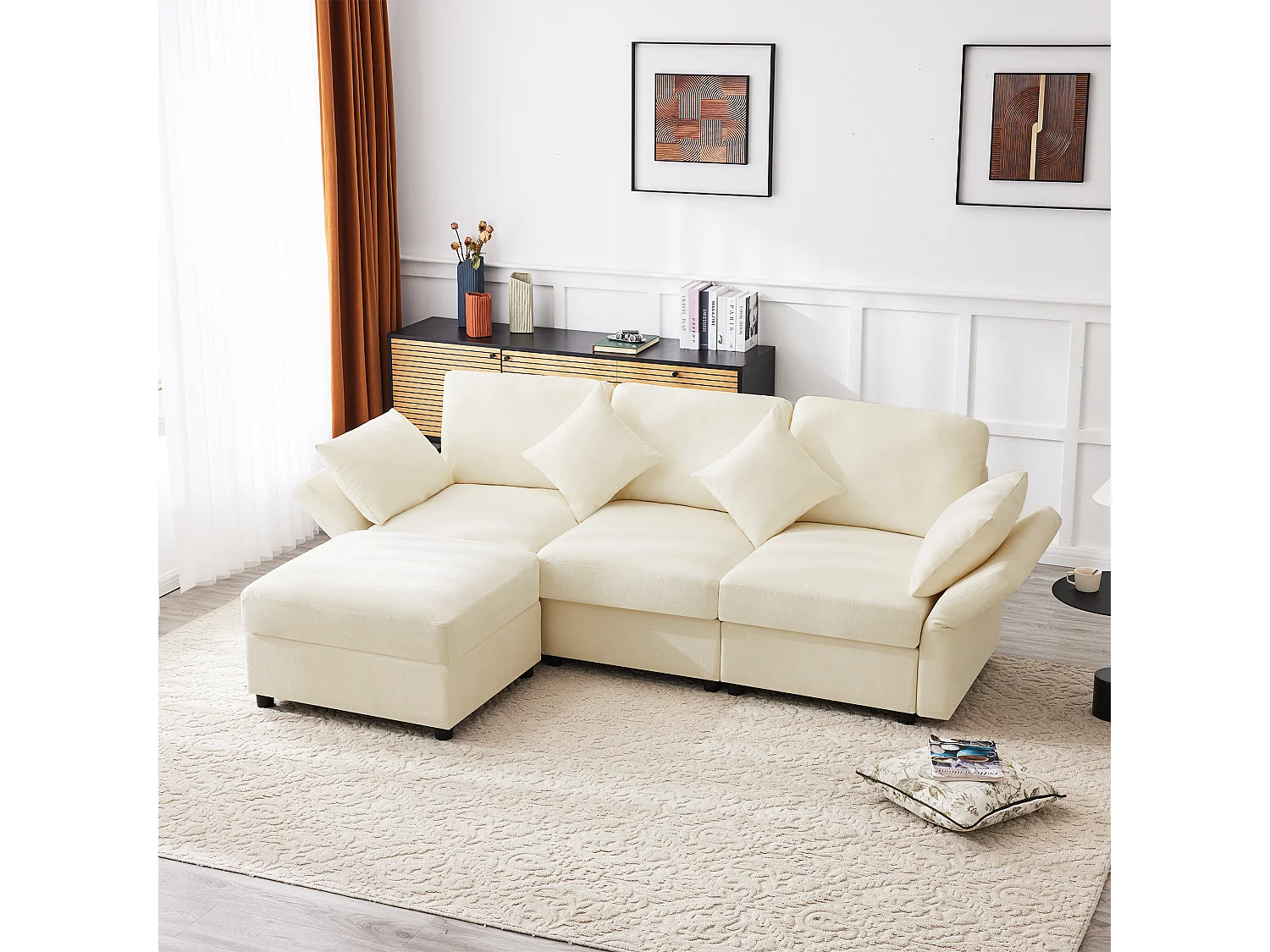 Ecksofa in L-Form - 3-sitzig - mit Fußstütze - 4 Kissen - verstellbare Armlehnen - Beige