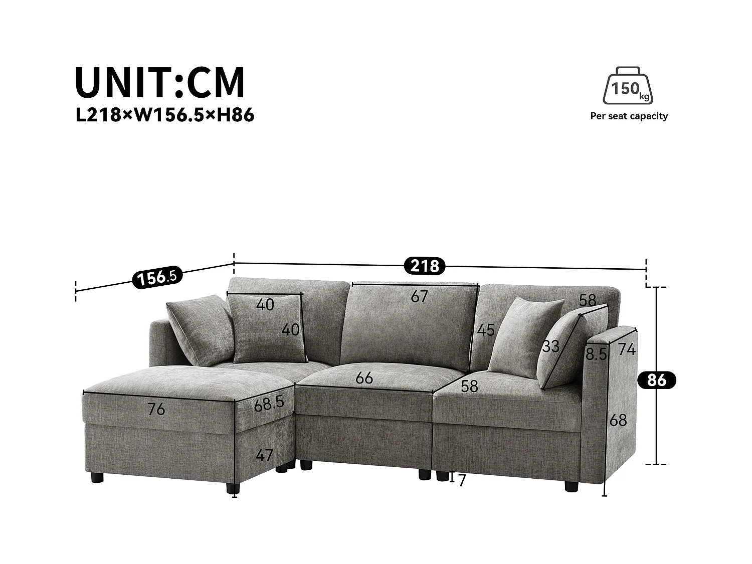 Canapé d'angle en L - 3 places - avec repose-pieds - 4 coussins - accoudoirs réglables - Gris