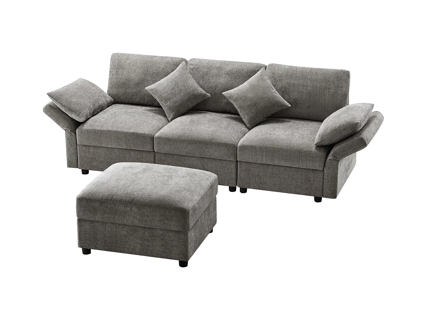 Canapé d'angle en L - 3 places - avec repose-pieds - 4 coussins - accoudoirs réglables - Gris