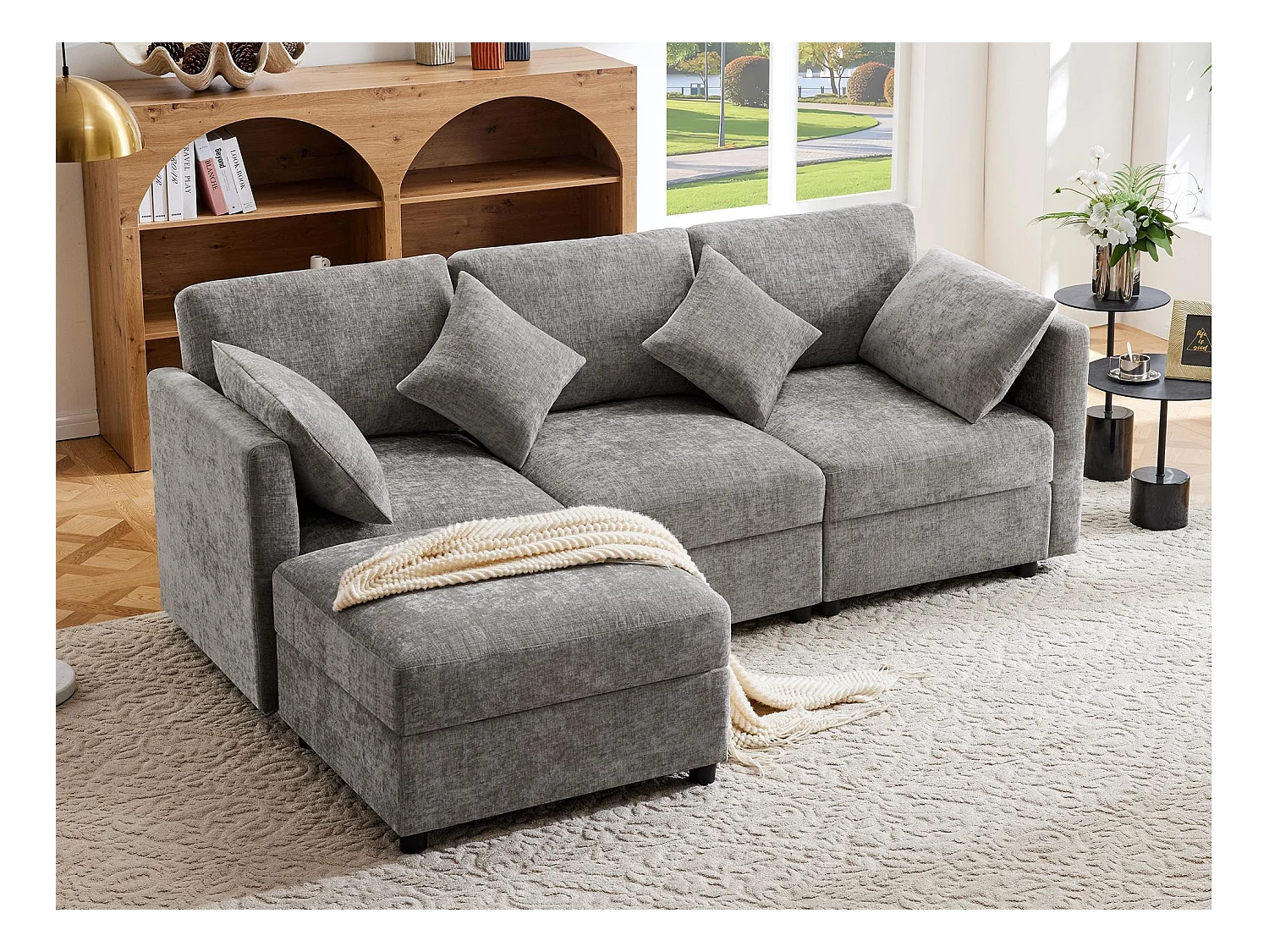 Canapé d'angle en L - 3 places - avec repose-pieds - 4 coussins - accoudoirs réglables - Gris