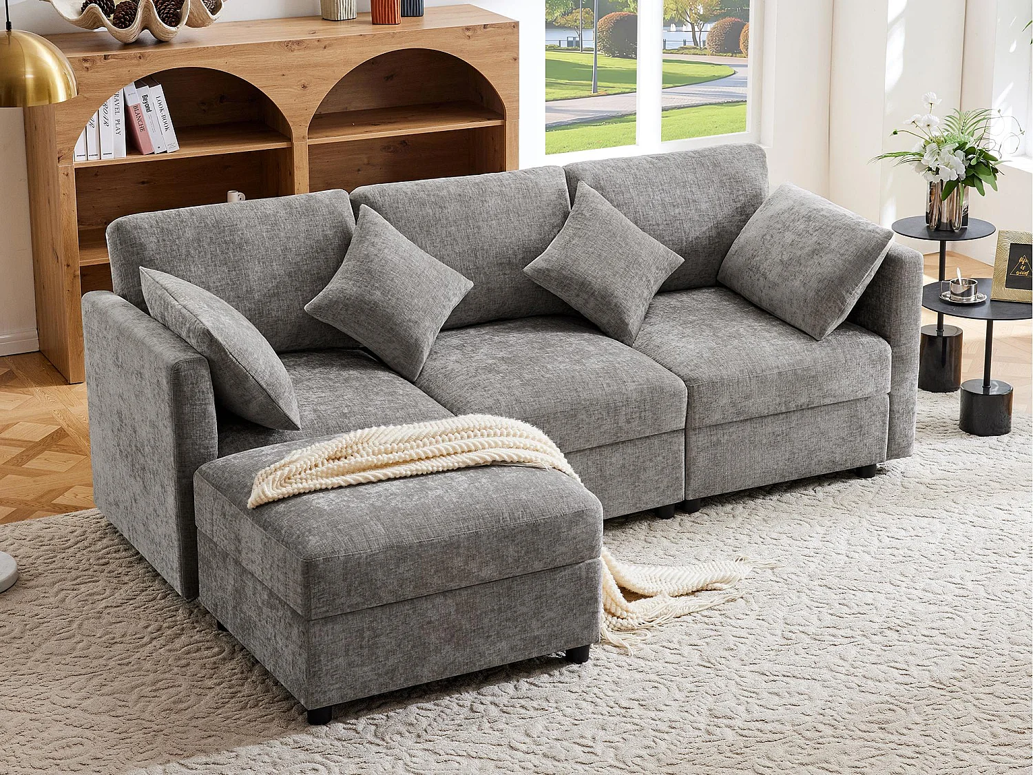 Canapé d'angle en L - 3 places - avec repose-pieds - 4 coussins - accoudoirs réglables - Gris