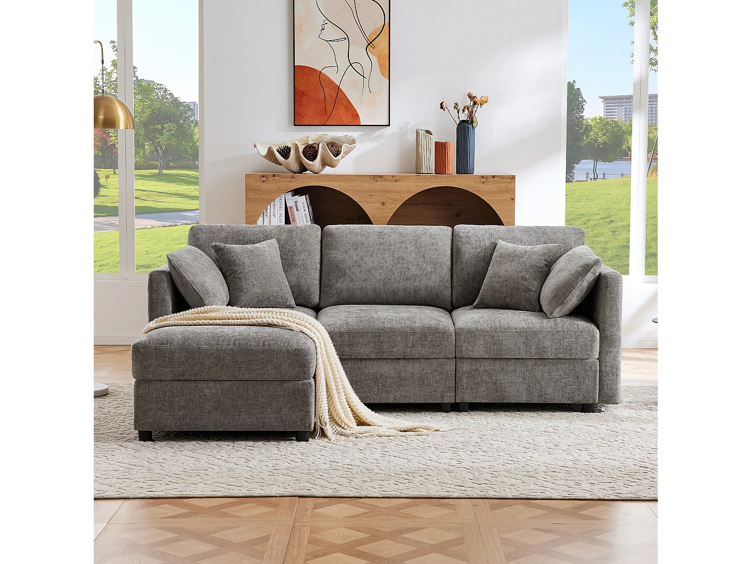 Canapé d'angle en L - 3 places - avec repose-pieds - 4 coussins - accoudoirs réglables - Gris