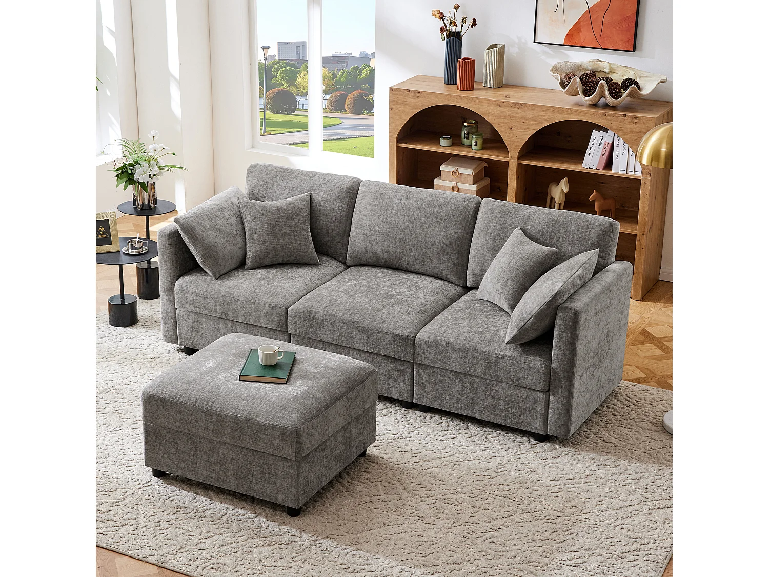 Canapé d'angle en L - 3 places - avec repose-pieds - 4 coussins - accoudoirs réglables - Gris