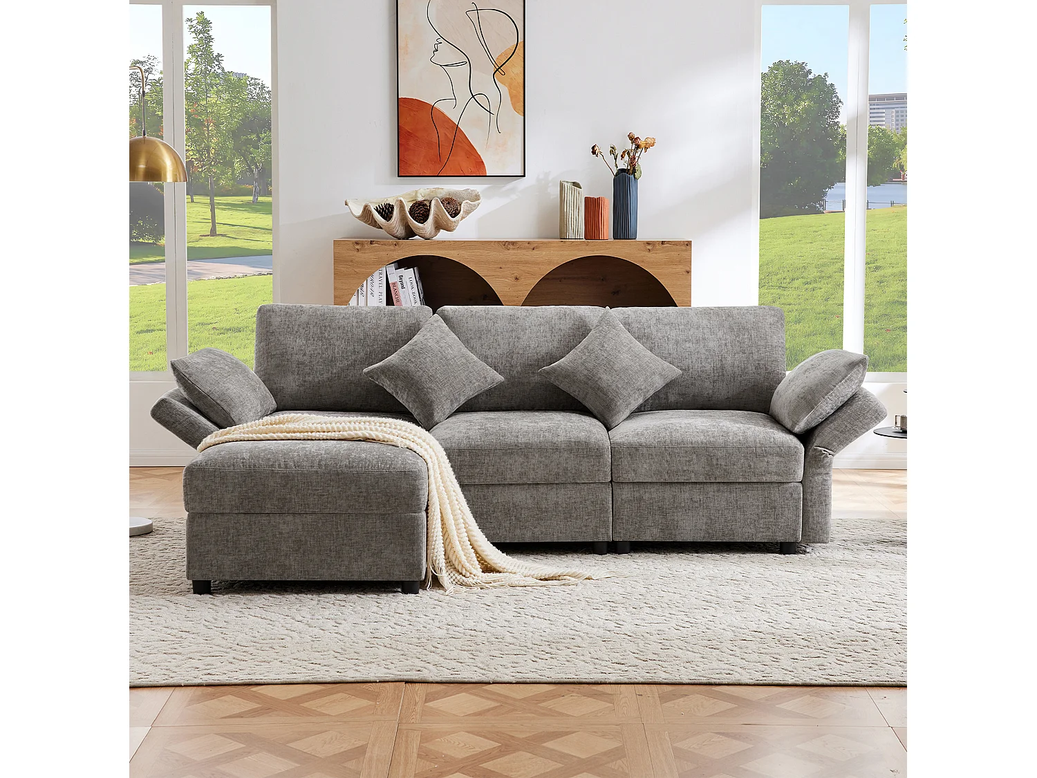 Canapé d'angle en L - 3 places - avec repose-pieds - 4 coussins - accoudoirs réglables - Gris