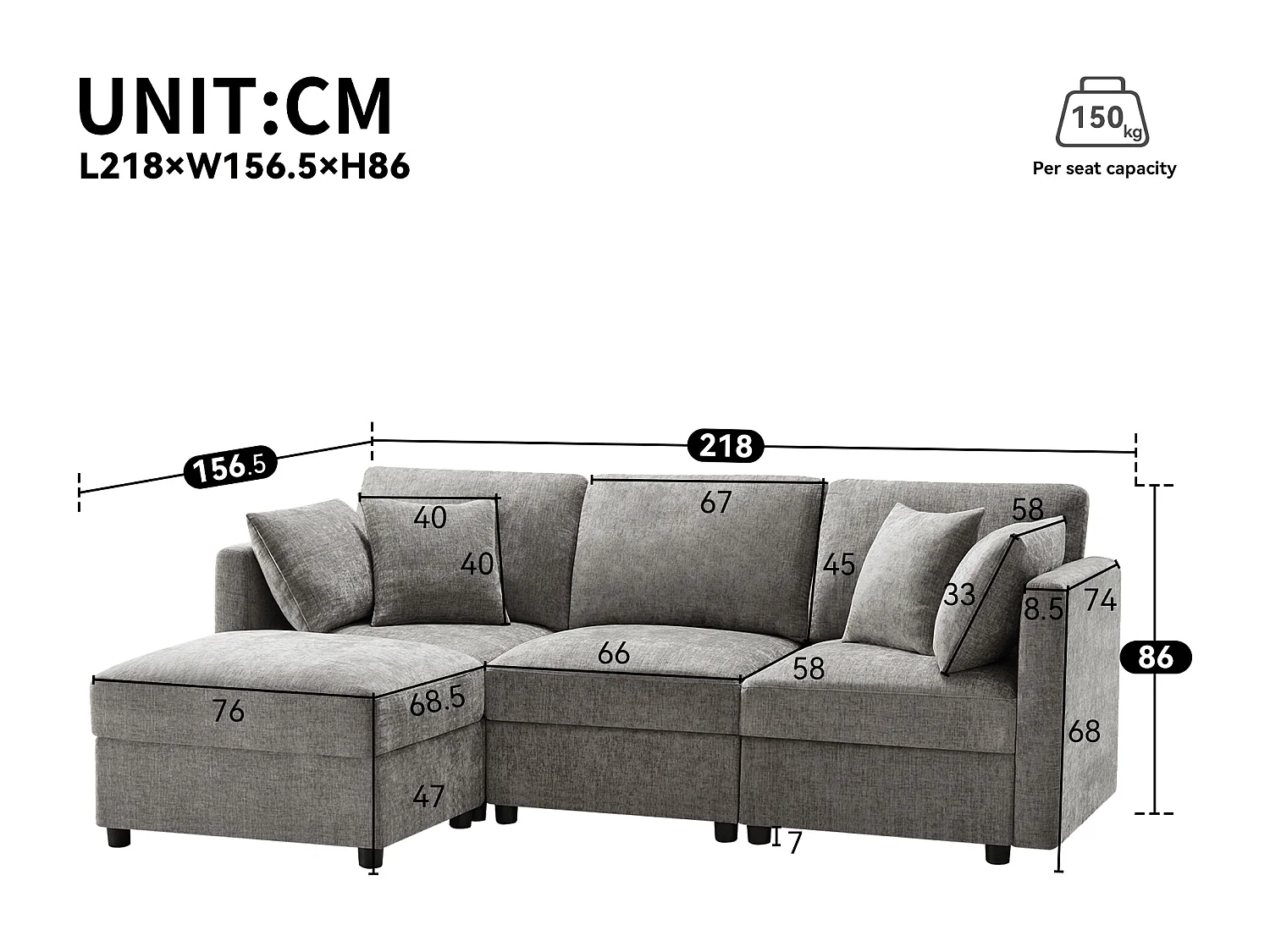 Canapé d'angle en L - 3 places - avec repose-pieds - 4 coussins - accoudoirs réglables - Gris