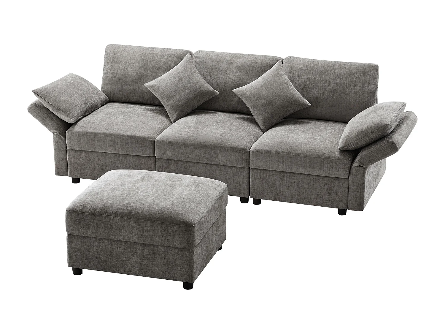 Canapé d'angle en L - 3 places - avec repose-pieds - 4 coussins - accoudoirs réglables - Gris