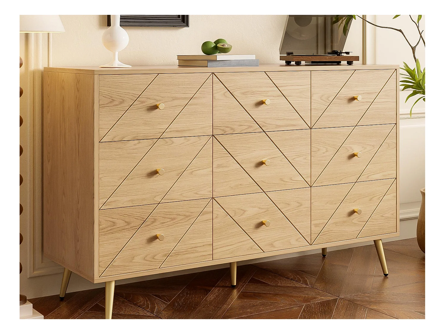 Buffet 120x39x80cm - avec 9 tiroirs - avec pieds en métal - panneaux de particules - Naturel