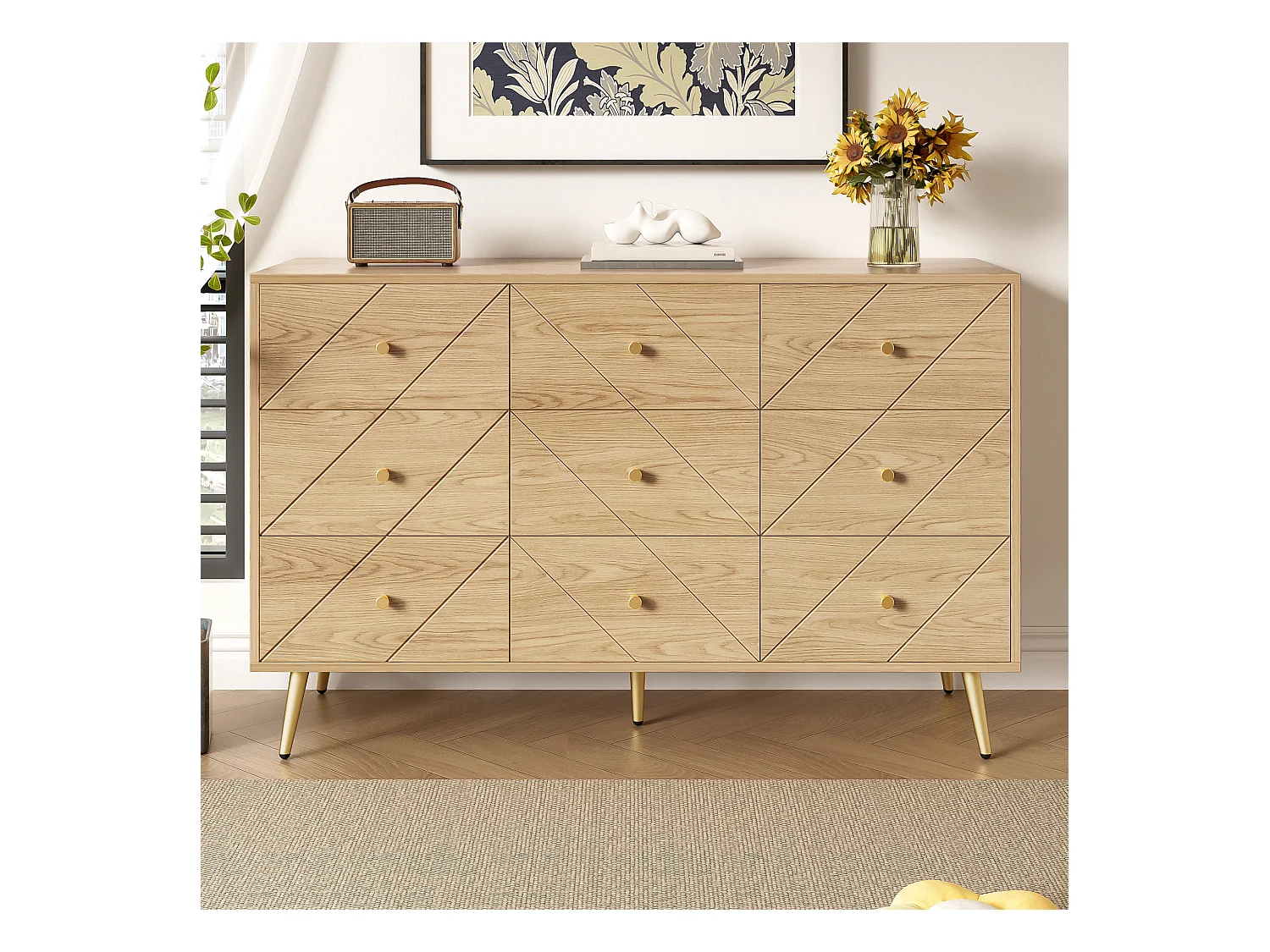 Buffet 120x39x80cm - avec 9 tiroirs - avec pieds en métal - panneaux de particules - Naturel