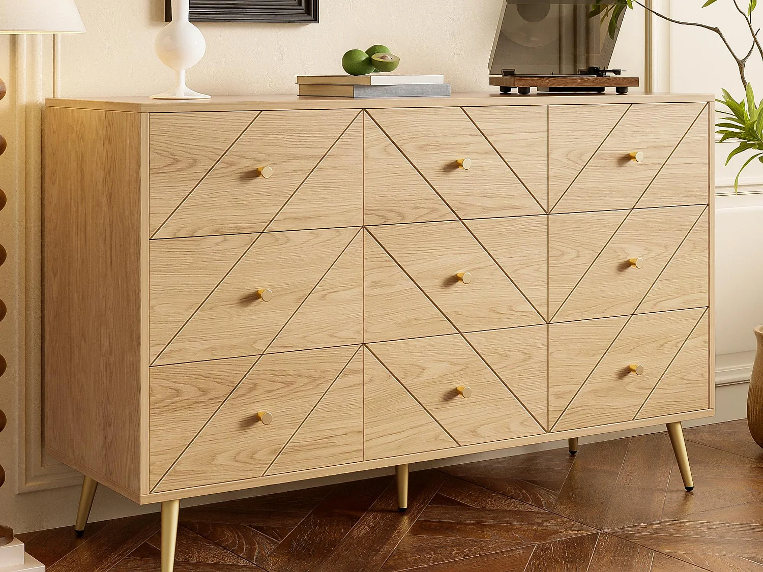 Buffet 120x39x80cm - avec 9 tiroirs - avec pieds en métal - panneaux de particules - Naturel