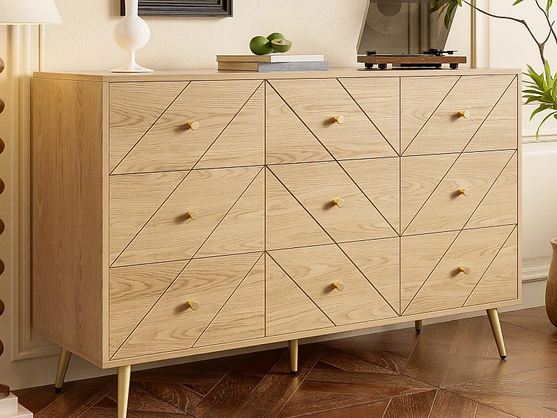 Buffet 120x39x80cm - avec 9 tiroirs - avec pieds en métal - panneaux de particules - Naturel