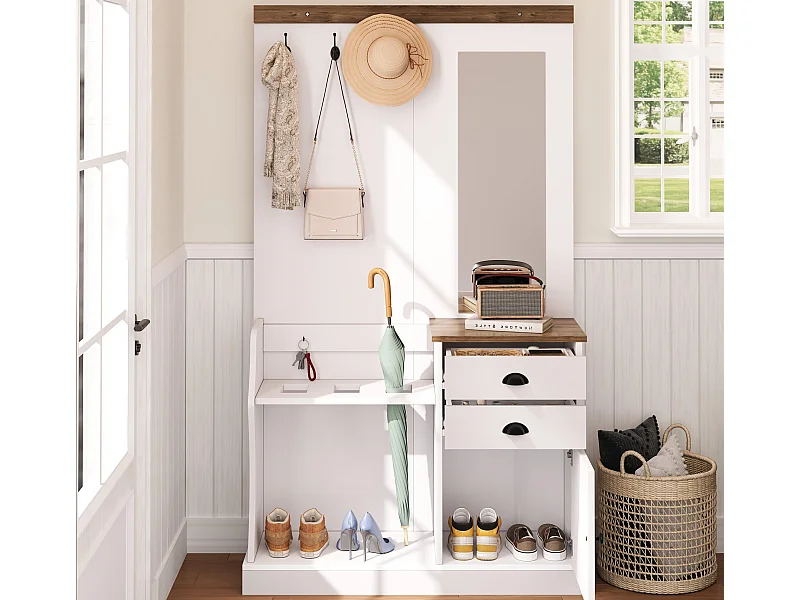Zestaw wieszakowy do przedpokoju 110.5x38x191 cm - z lustrem i hakami - 2 szuflady i 1 drzwi - z wieszakiem na parasole - Biały