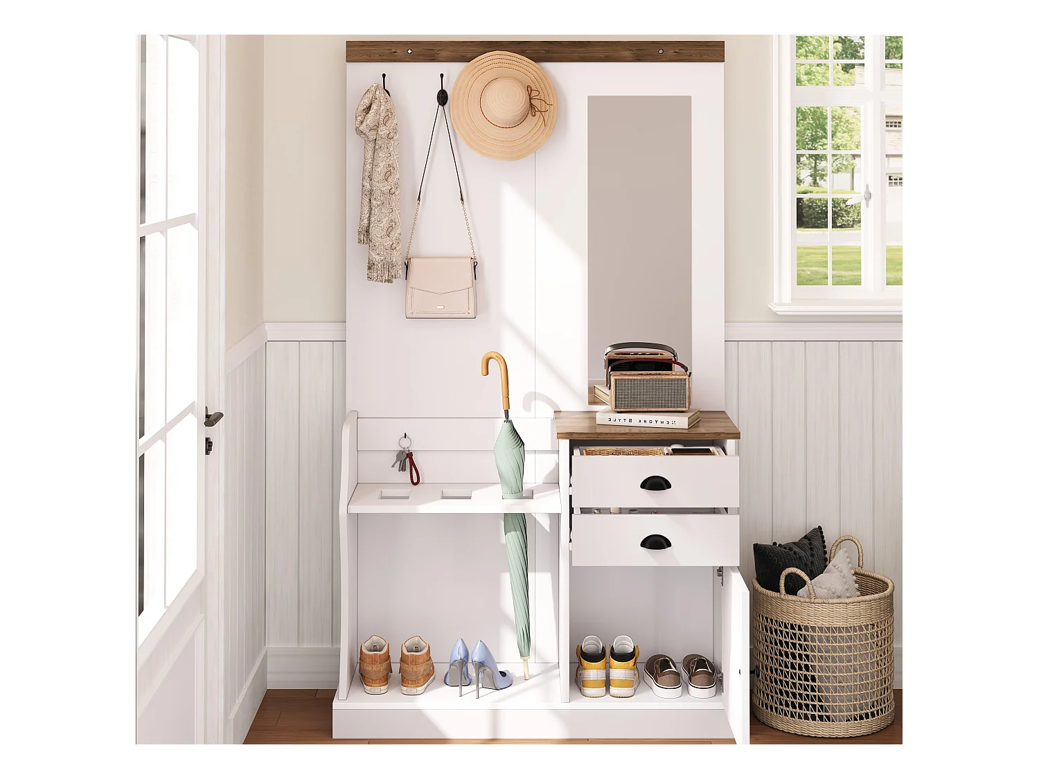 Zestaw wieszakowy do przedpokoju 110.5x38x191 cm - z lustrem i hakami - 2 szuflady i 1 drzwi - z wieszakiem na parasole - Biały