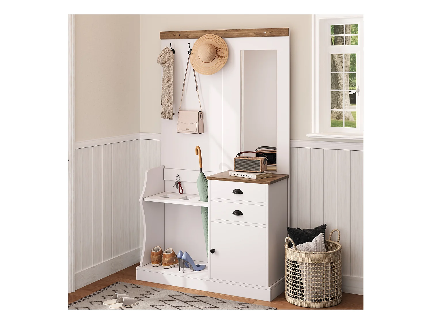 Zestaw wieszakowy do przedpokoju 110.5x38x191 cm - z lustrem i hakami - 2 szuflady i 1 drzwi - z wieszakiem na parasole - Biały