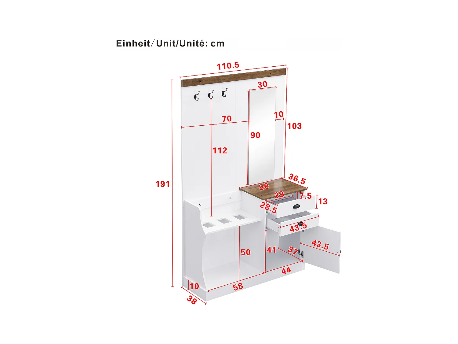 Zestaw wieszakowy do przedpokoju 110.5x38x191 cm - z lustrem i hakami - 2 szuflady i 1 drzwi - z wieszakiem na parasole - Biały
