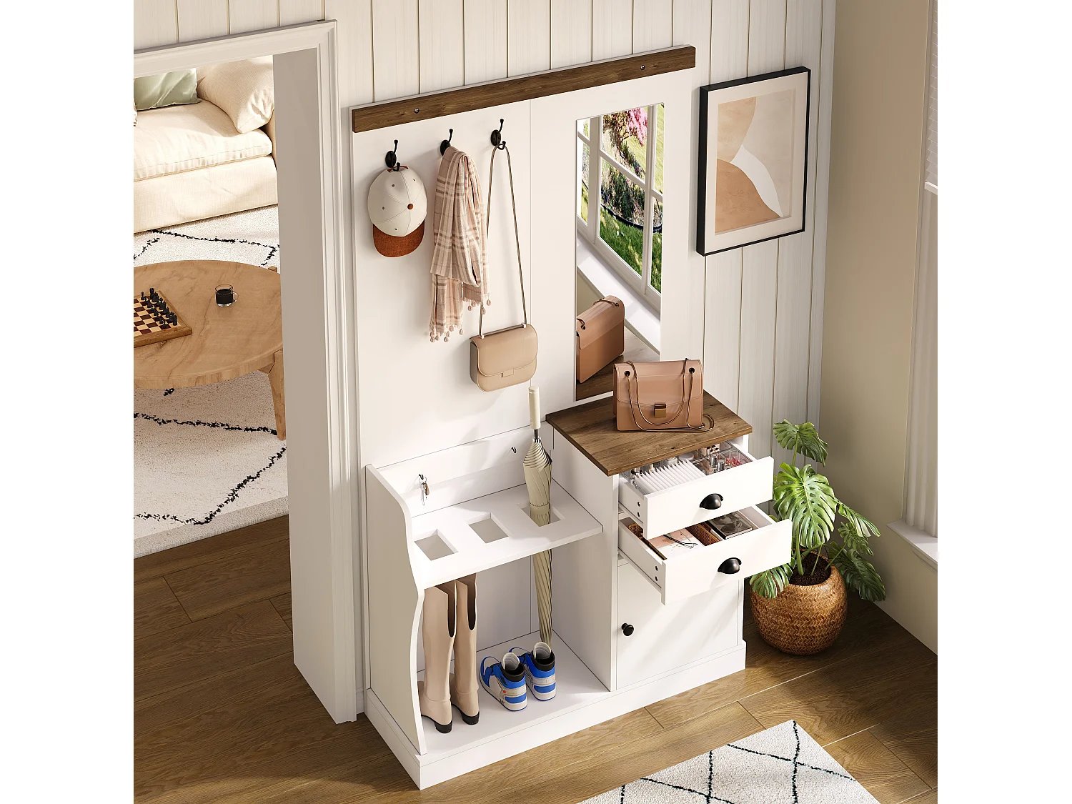 Set guardaroba d'ingresso 110.5x38x191 cm - con specchio e ganci - 2 cassetti e 1 anta - con portacappelli - Bianco