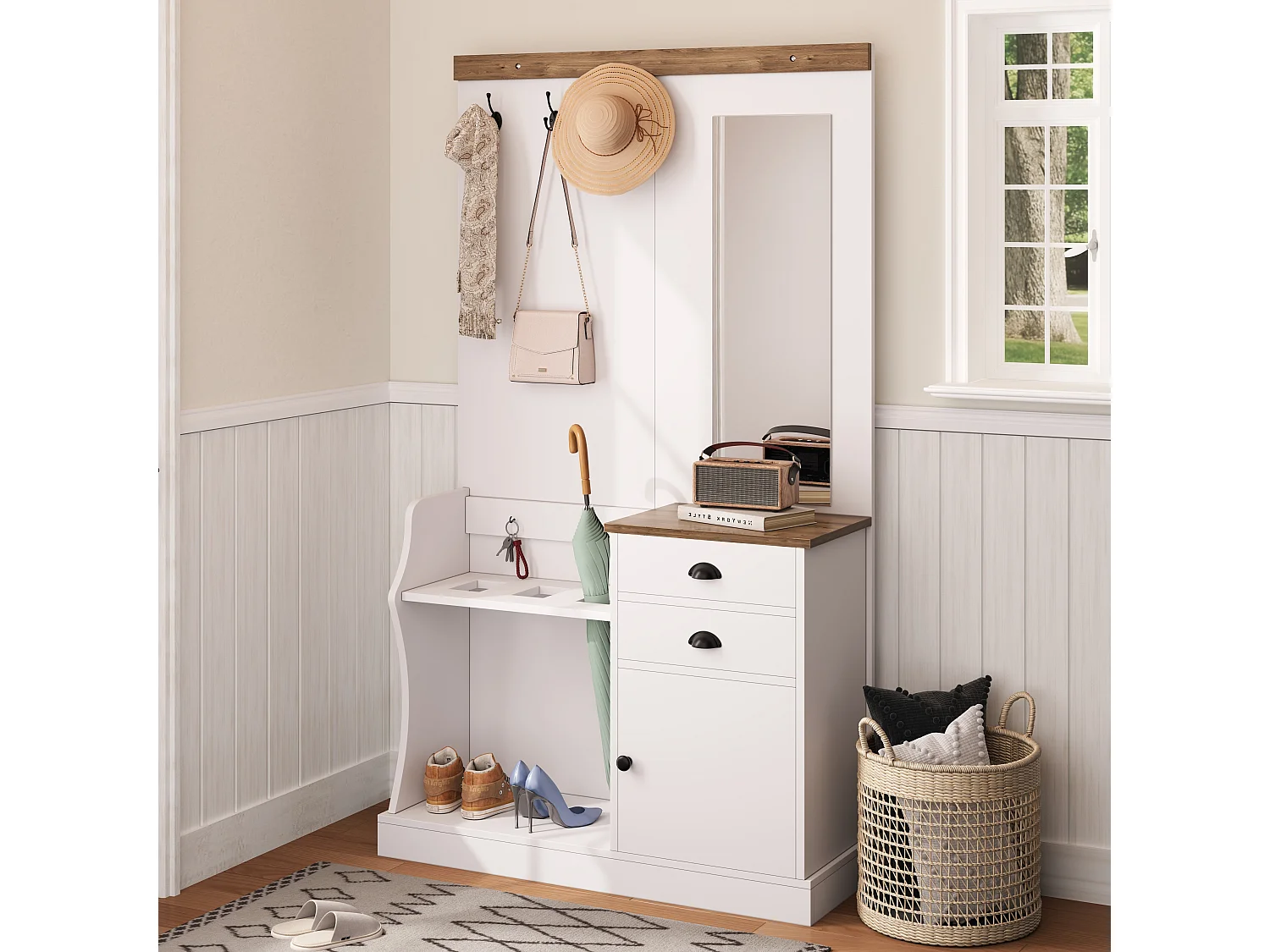 Set guardaroba d'ingresso 110.5x38x191 cm - con specchio e ganci - 2 cassetti e 1 anta - con portacappelli - Bianco