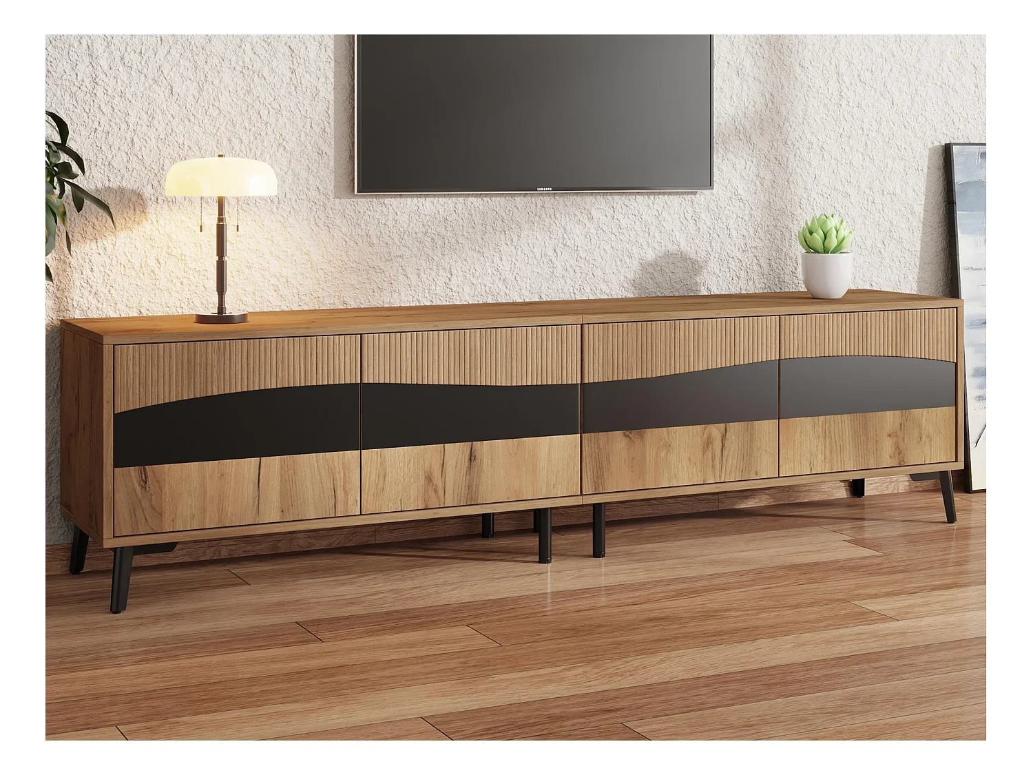 Meuble TV 180x40x50 cm - 4 portes - pour téléviseur jusqu’à 75 pouces - aspect bois - Naturel
