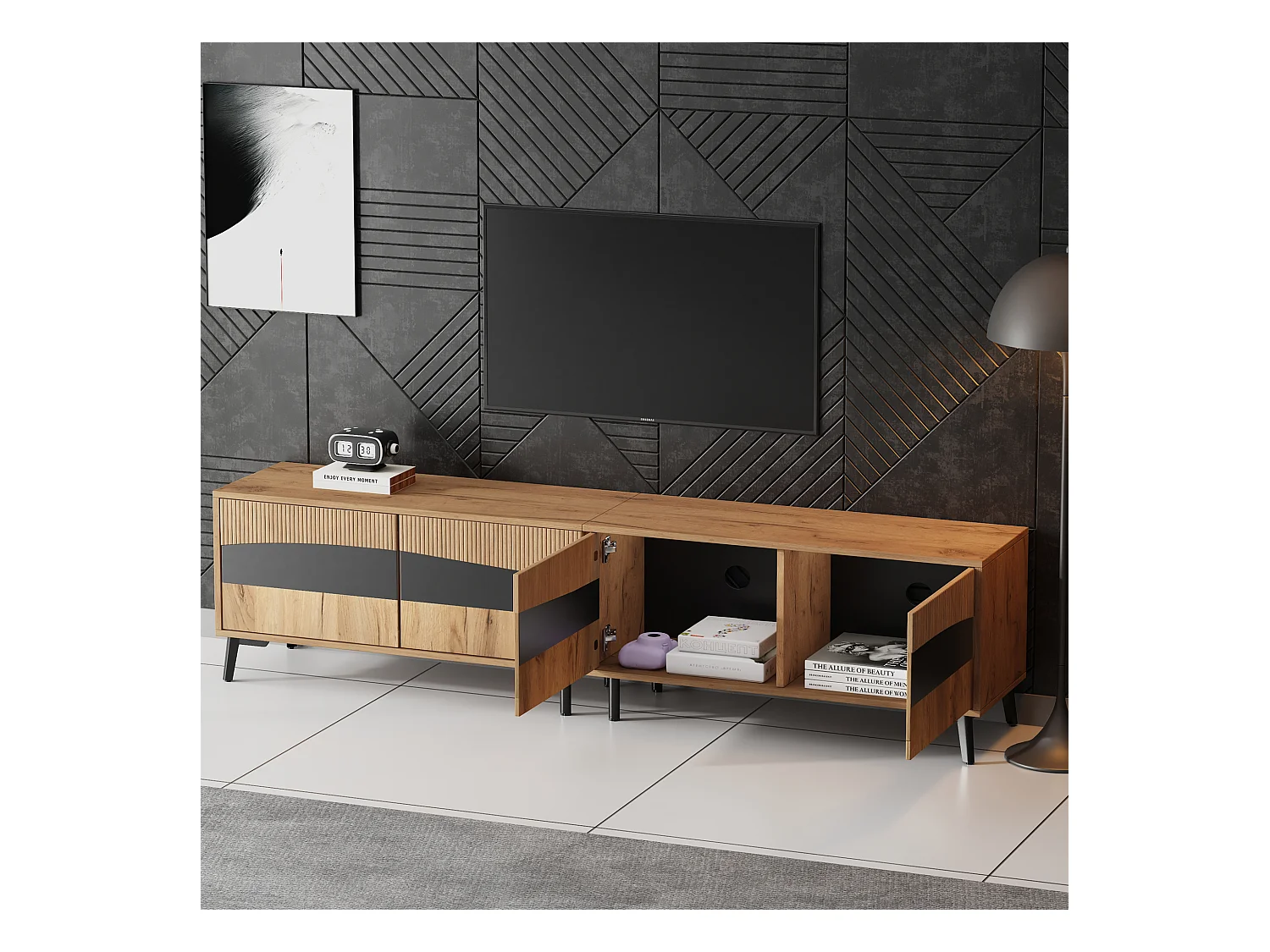 Mueble de TV 180x40x50 cm - 4 puertas - para televisor de hasta 75 pulgadas - aspecto madera - Natural