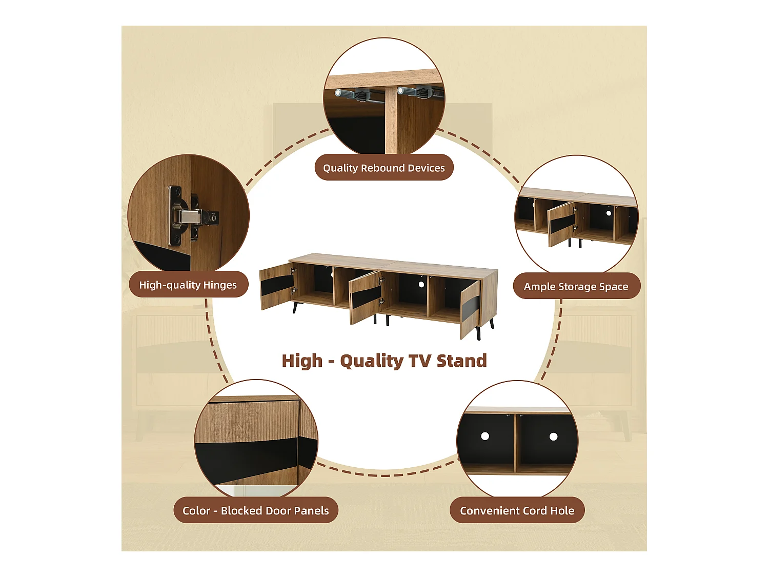 Mueble de TV 180x40x50 cm - 4 puertas - para televisor de hasta 75 pulgadas - aspecto madera - Natural