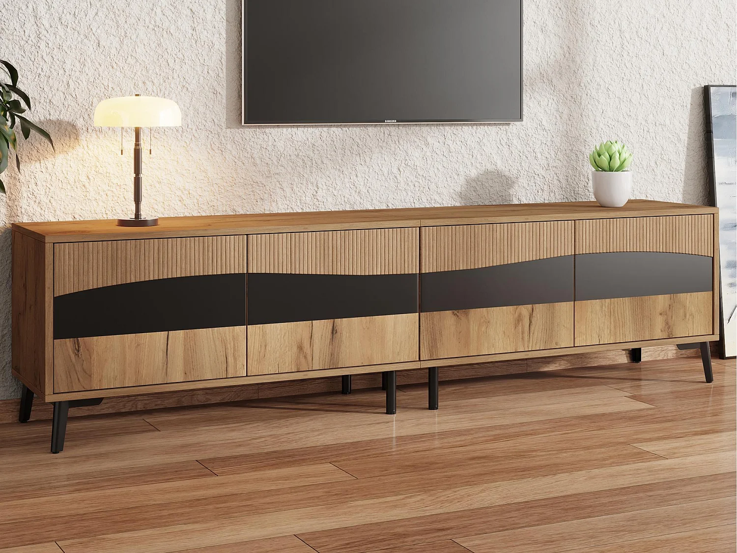 Meuble TV 180x40x50 cm - 4 portes - pour téléviseur jusqu’à 75 pouces - aspect bois - Naturel
