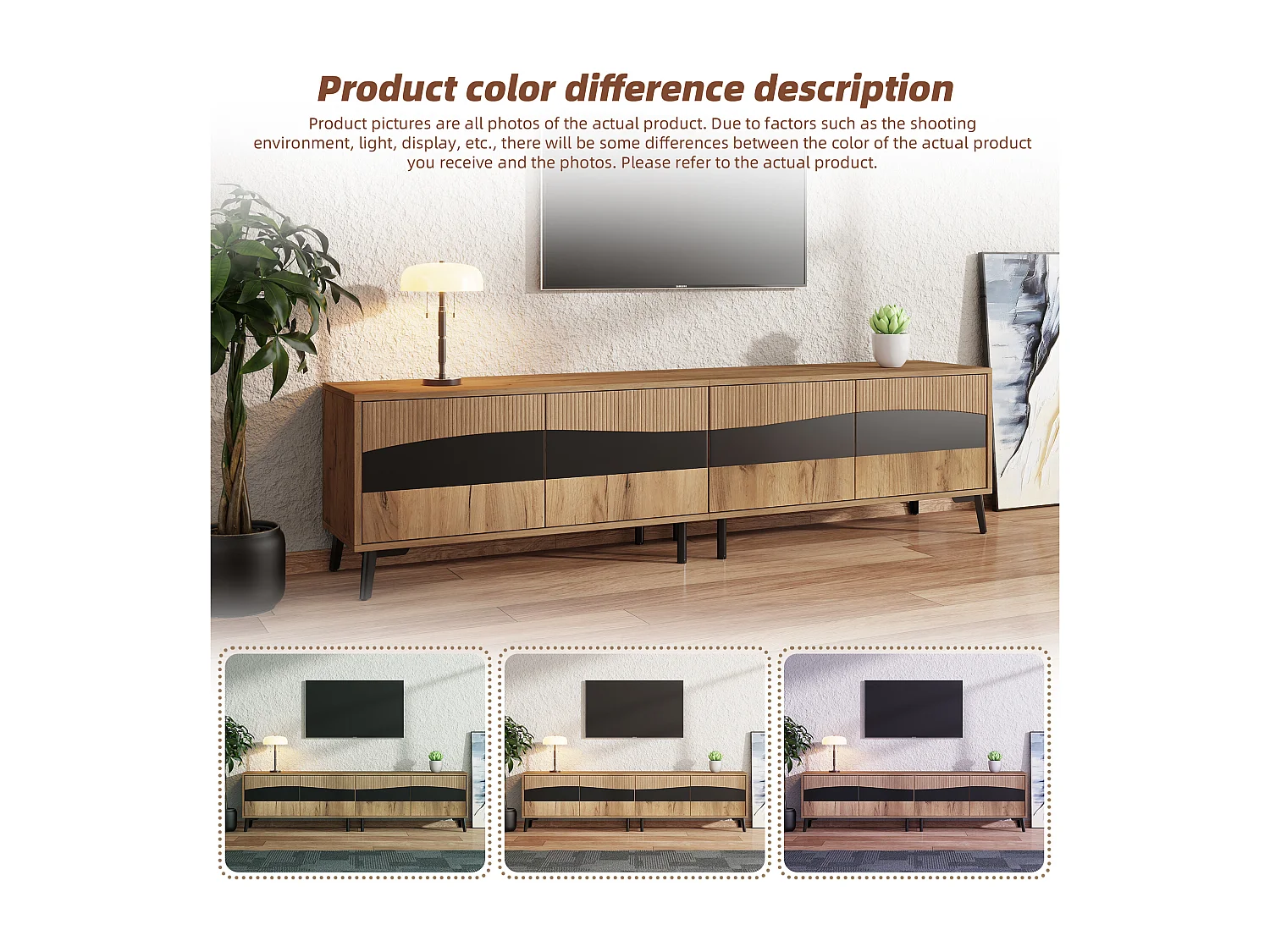 Meuble TV 180x40x50 cm - 4 portes - pour téléviseur jusqu’à 75 pouces - aspect bois - Naturel