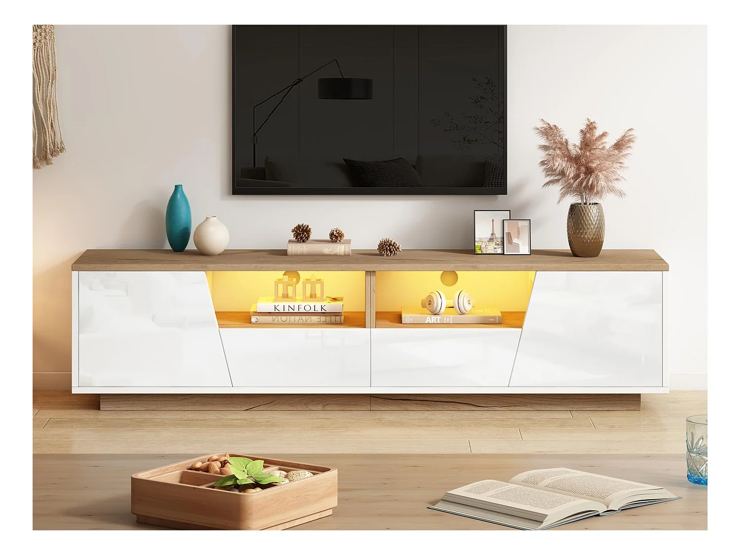 Meuble TV 180x40x46cm - avec 2 tiroirs et 2 portes - avec éclairage LED - finition brillante - Blanc + naturel