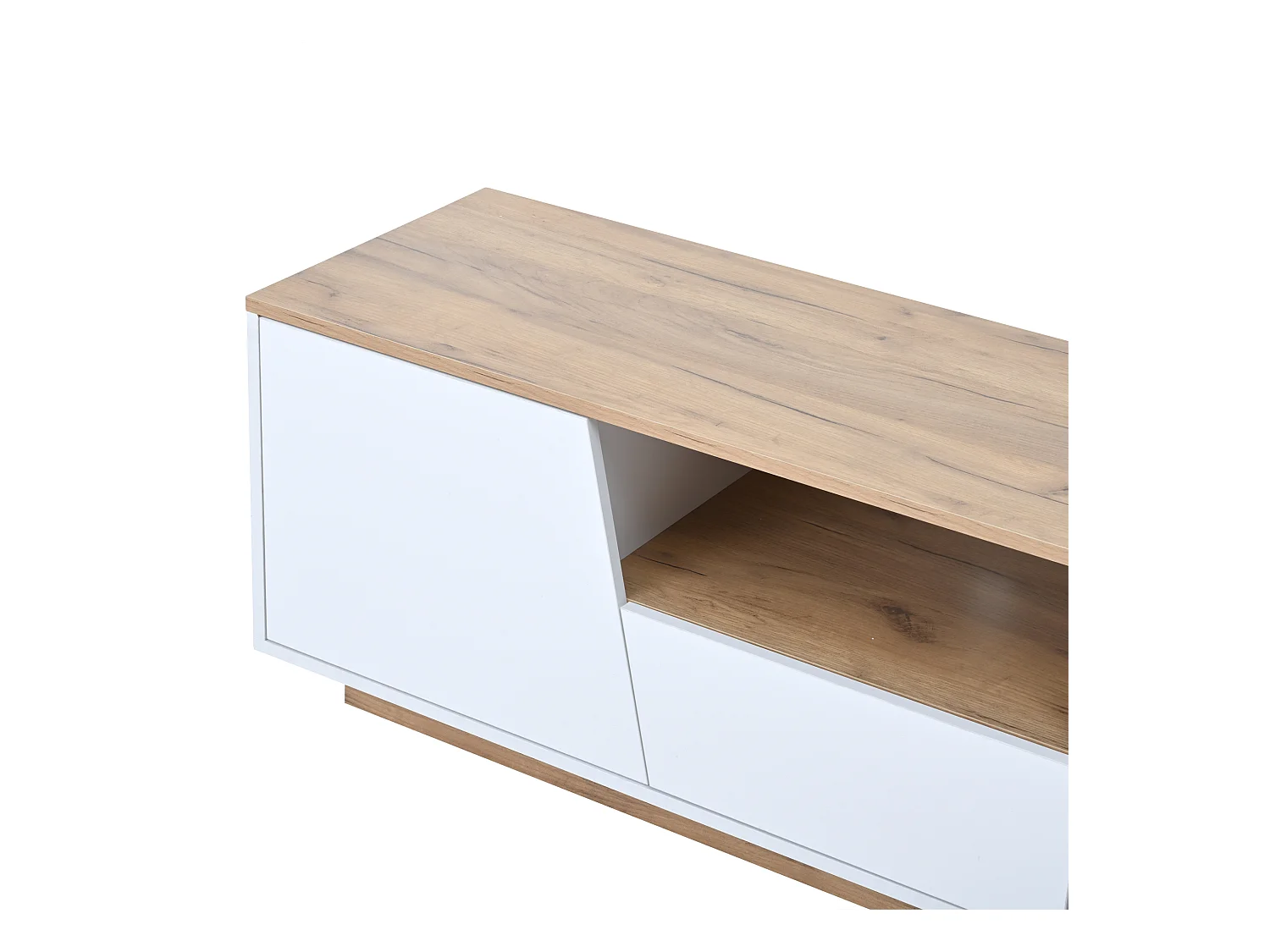 TV-meubel 180x40x46cm - met 2 lades en 2 deuren - met LED-verlichting - glanzende afwerking - Wit + naturel