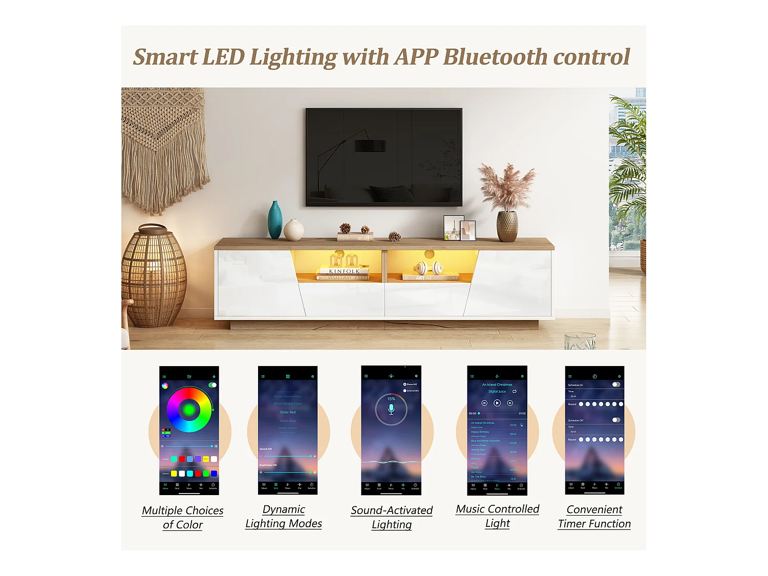 TV-meubel 180x40x46cm - met 2 lades en 2 deuren - met LED-verlichting - glanzende afwerking - Wit + naturel