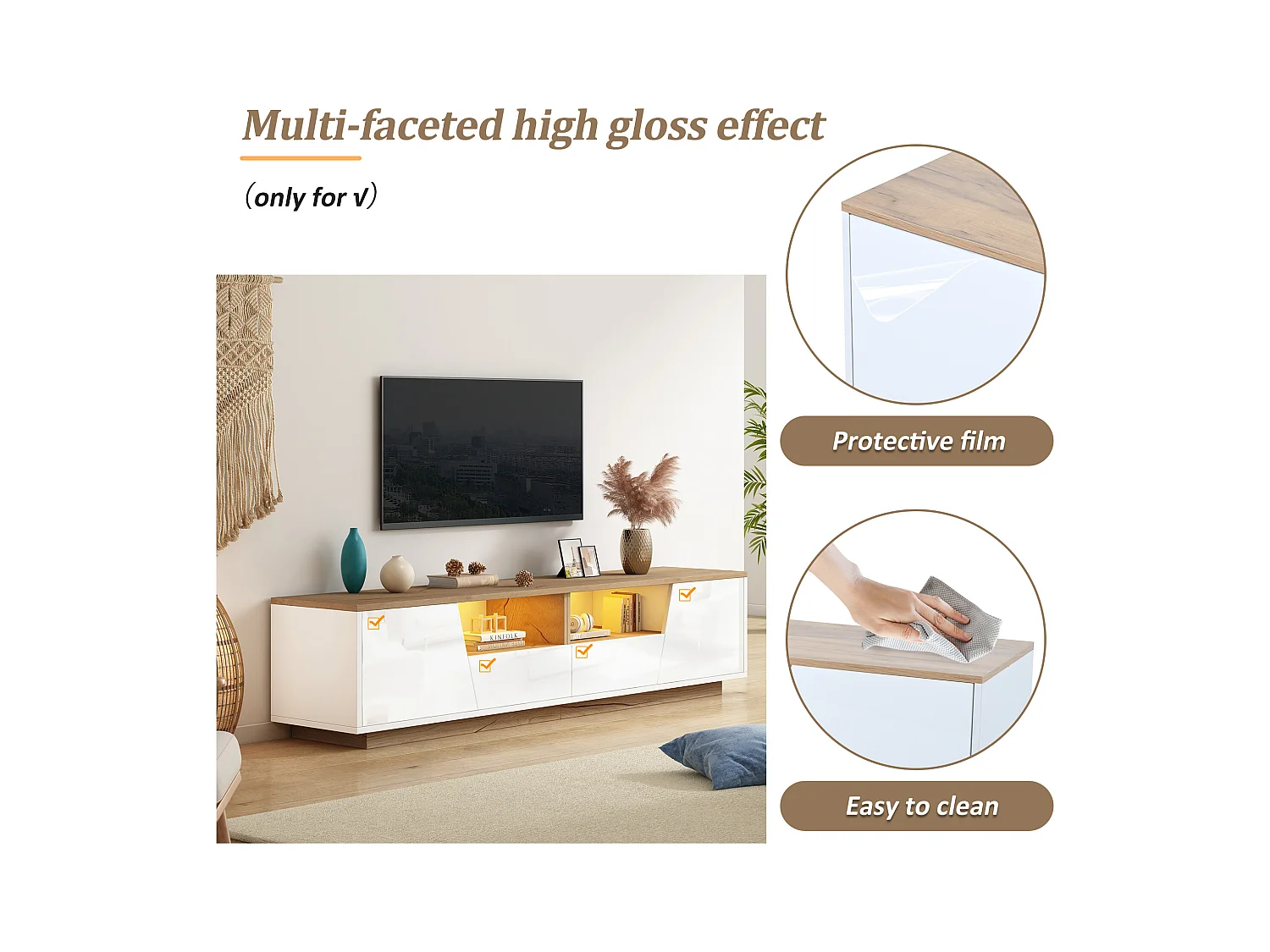 TV-meubel 180x40x46cm - met 2 lades en 2 deuren - met LED-verlichting - glanzende afwerking - Wit + naturel