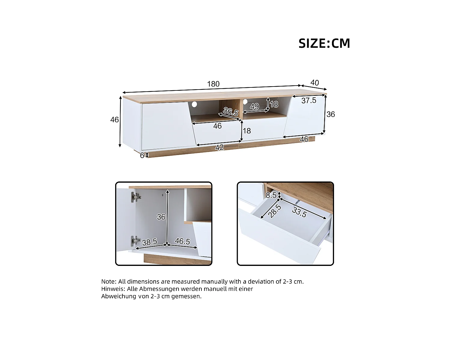TV-meubel 180x40x46cm - met 2 lades en 2 deuren - met LED-verlichting - glanzende afwerking - Wit + naturel