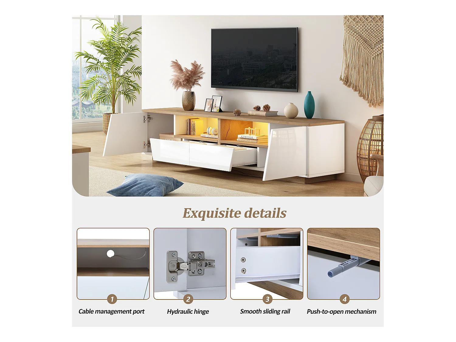 TV-meubel 180x40x46cm - met 2 lades en 2 deuren - met LED-verlichting - glanzende afwerking - Wit + naturel