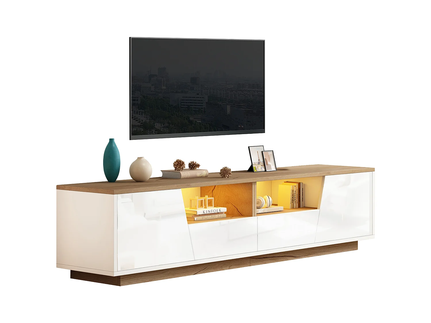TV-meubel 180x40x46cm - met 2 lades en 2 deuren - met LED-verlichting - glanzende afwerking - Wit + naturel