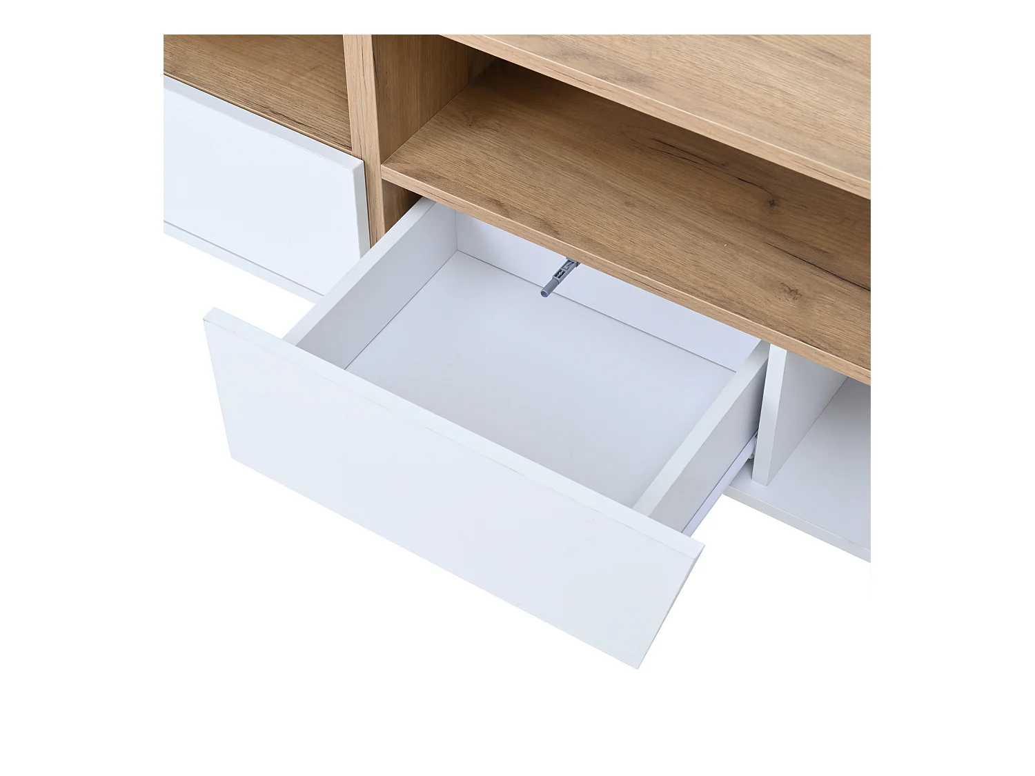 TV-meubel 180x40x46cm - met 2 lades en 2 deuren - met LED-verlichting - glanzende afwerking - Wit + naturel