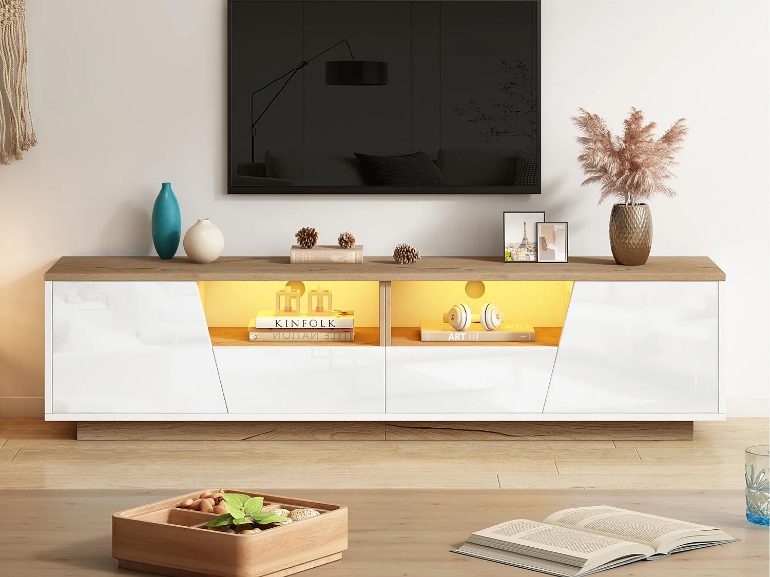 TV-meubel 180x40x46cm - met 2 lades en 2 deuren - met LED-verlichting - glanzende afwerking - Wit + naturel