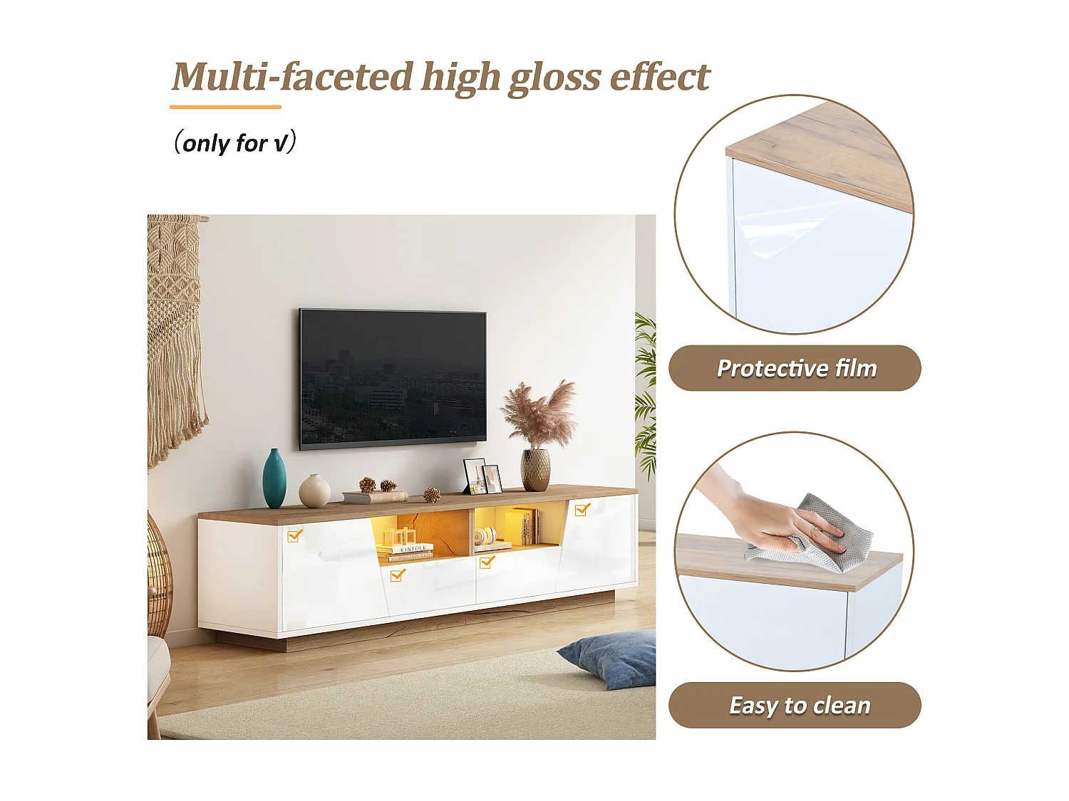 TV-meubel 180x40x46cm - met 2 lades en 2 deuren - met LED-verlichting - glanzende afwerking - Wit + naturel