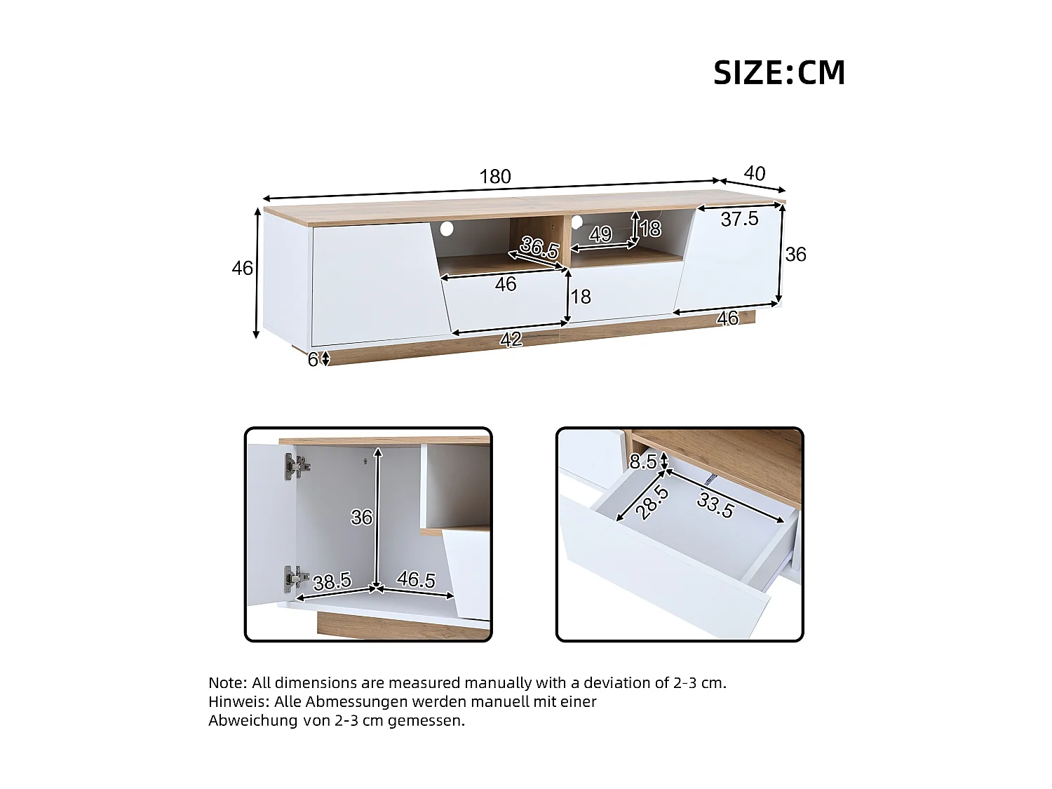 TV-meubel 180x40x46cm - met 2 lades en 2 deuren - met LED-verlichting - glanzende afwerking - Wit + naturel