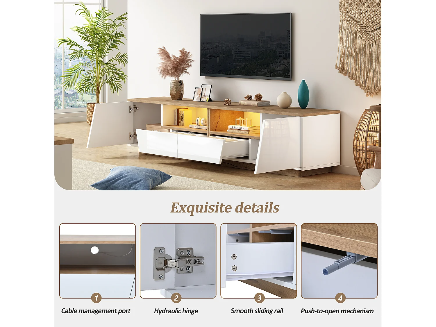 TV-meubel 180x40x46cm - met 2 lades en 2 deuren - met LED-verlichting - glanzende afwerking - Wit + naturel