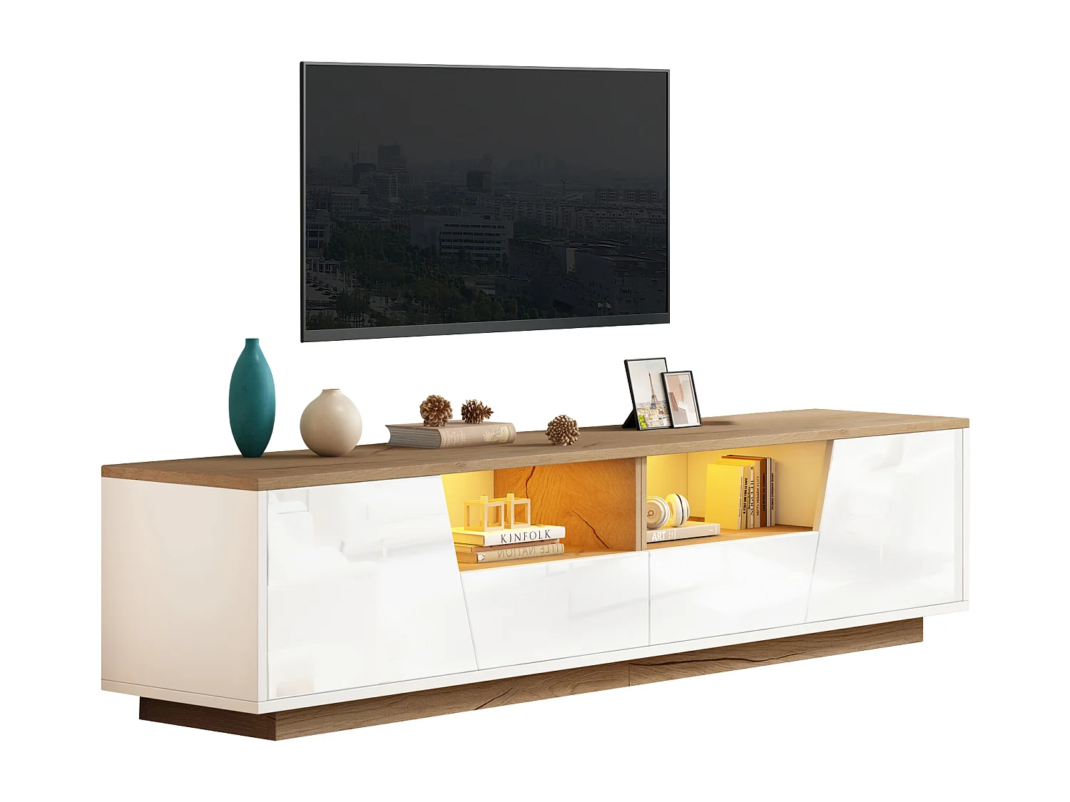 TV-meubel 180x40x46cm - met 2 lades en 2 deuren - met LED-verlichting - glanzende afwerking - Wit + naturel